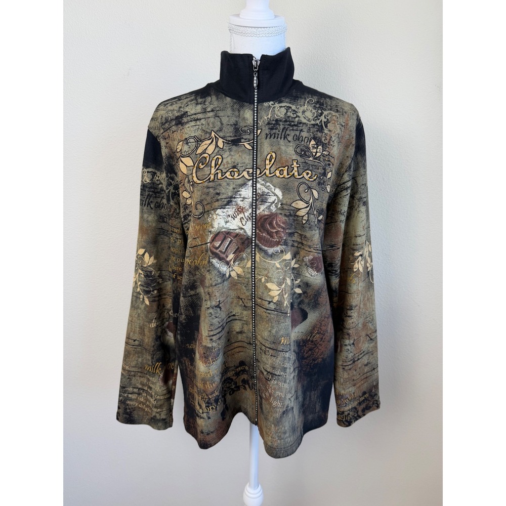 Jess & Jane Cotton Jacket Chocolate Bar L Brown Rhinestone Artsy Novelty Print